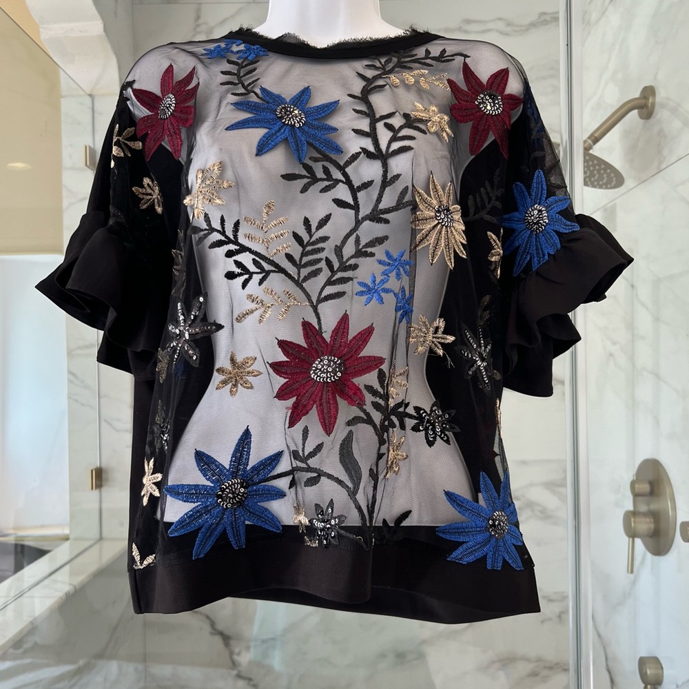 Embroidered Floral Sheer Black Blouse